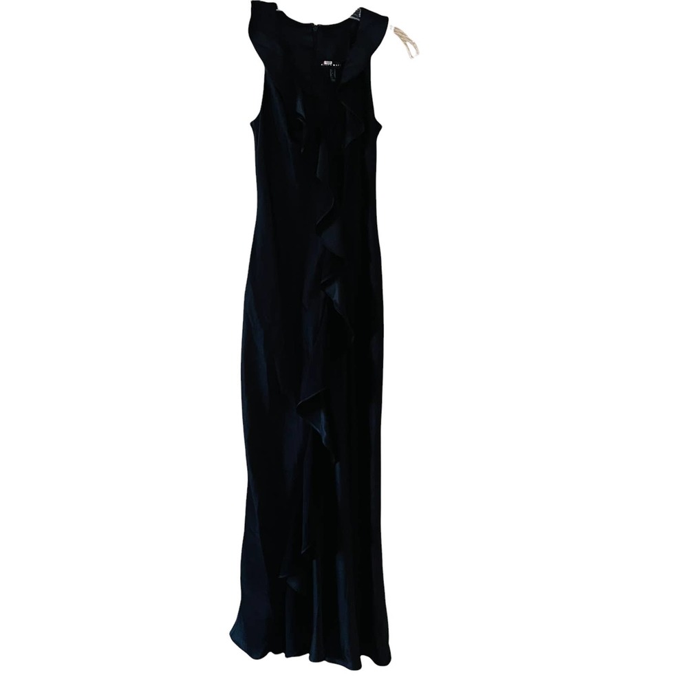 Aidan Mattox Black Satin Ruffle Front Sleeveless Maxi Dress 2 - Picture 2 of 13